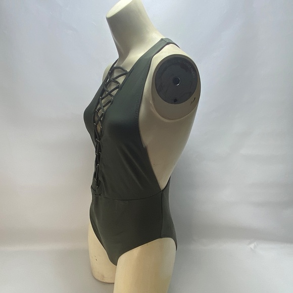 Forever 21 Womens One Piece Swim Suit Medium Forest Green Lace Front Back Zipper - Picture 7 of 16
